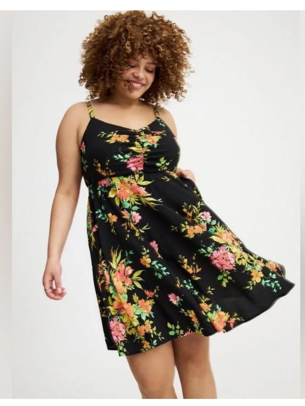 Torrid 0X Black Floral Sundress with Pink and Yellow Blooms